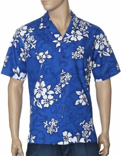 Hibiscus White Cotton Hawaiian Aloha Shirt Blue