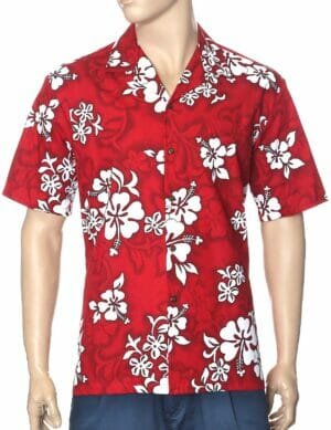 Hibiscus White Cotton Hawaiian Aloha Shirt Red