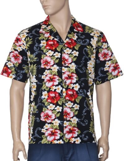 Hibiscus Big Island Cotton Men's Aloha Shirt Black