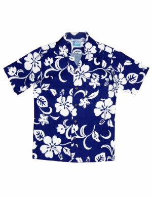 Hibiscus Cotton Boys Hawaiian Shirt Royal Navy