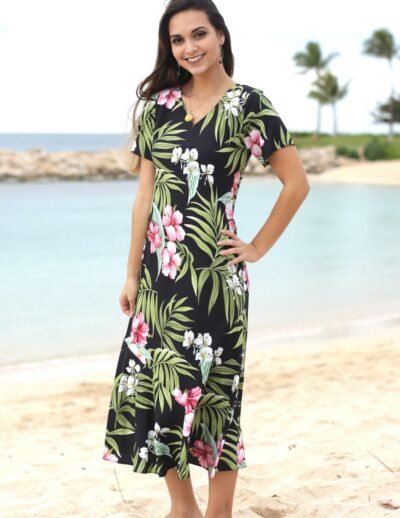 Iluna Long Maxi V-Neck Rayon Hawaiian Dress Black