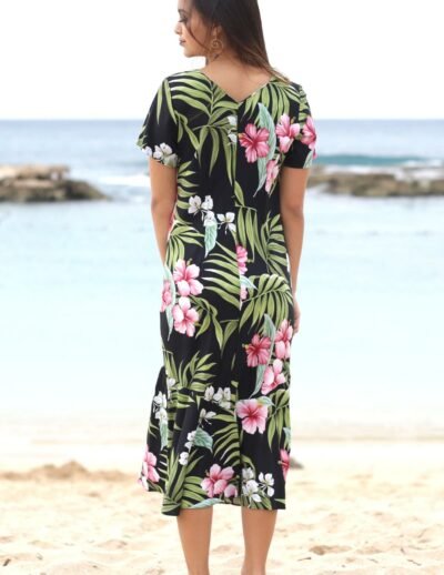 Iluna Long Maxi V-Neck Rayon Hawaiian Dress Black
