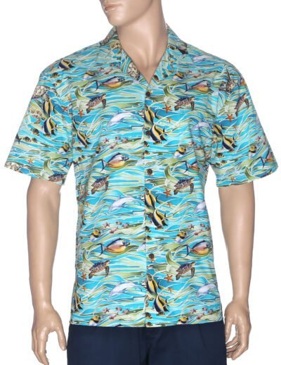 Ocean Life Open Collar Hawaiian Shirt Aqua