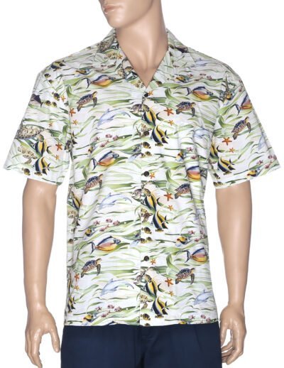 Ocean Life Open Collar Hawaiian Shirt Olive
