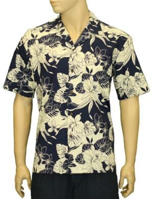 Tropical Monstera Hibiscus Men's Aloha Shirt Navy