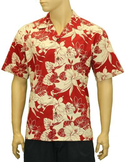 Tropical Monstera Hibiscus Men's Aloha Shirt Red