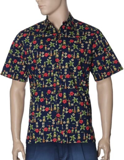 Hawaiian Shirt Button-Up Hula Girls for Men Navy
