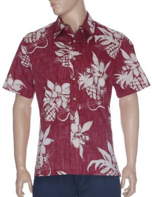 Ukuleles Button Up Collar Aloha Dress Shirt Burgundy