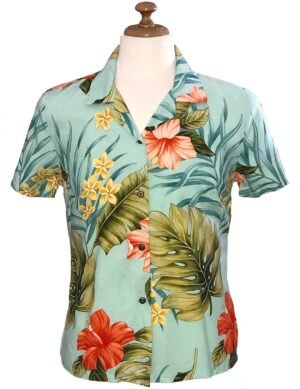 Hibiscus Rayon Women Hawaiian Shirt Aqua