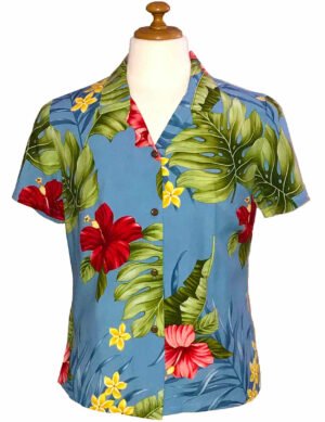 Hibiscus Rayon Women Hawaiian Shirt Light Sky Blue