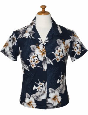 Lanai Fitted Floral Cotton Blouse for Women Navy
