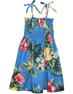 Pahio Girls Rayon Hawaiian Smock Dress Ocean Blue