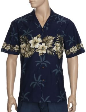 Ohua Aloha Men's Border Hawaiian Shirt Navy
