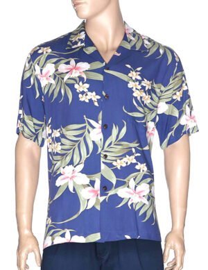 Pali Orchid Hawaii Island Rayon Shirt Royal Blue