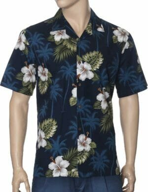 Kailua Hibiscus Cotton Men's Aloha Shirt Navy