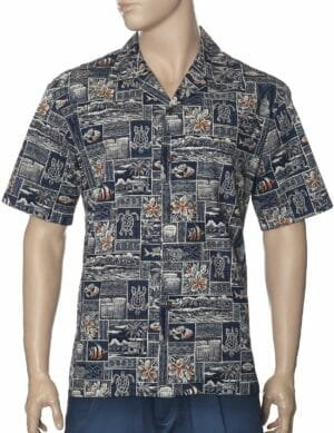 Makanui Tapa Men's Cotton Aloha Shirt Navy