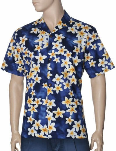 Plumeria Men's Cotton Aloha Shirt Blue