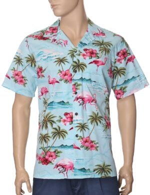 Flamingos Cotton Hawaiian Shirts Blue