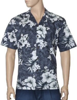 Hibiscus Men's Blue Hawaiian Shirt Gray