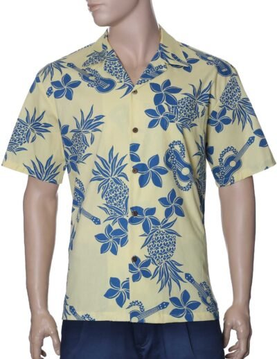 Ukulele Pineapples Cotton Men's Aloha Shirt Yellow