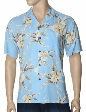 Kaeo Orchids Rayon Aloha Shirt Light Blue