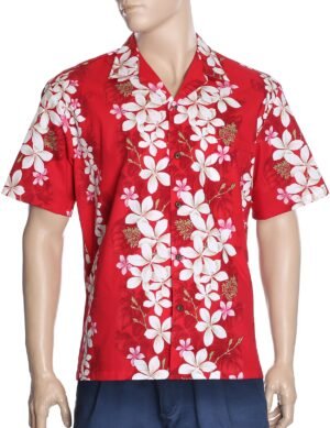 Island Plumeria Flowers Cotton Aloha Shirt Red