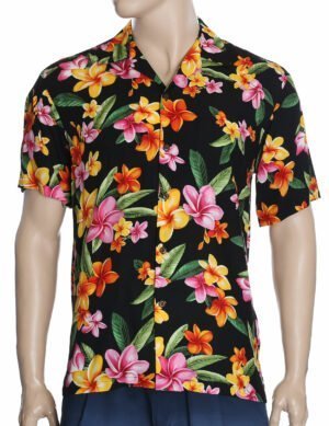 Plumeria Hawaiian Aloha Rayon Shirt Black