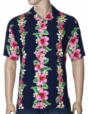Kona Hibiscus Panel Men Aloha Hawaiian Shirt Navy