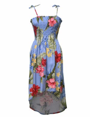 Hibiscus Short Hawaiian Smock Midi Dress Ligh Sky Blue