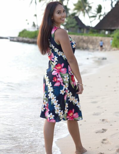 Plumeria Knee Length Hawaiian Dress Navy