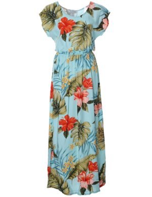 Hibiscus Cap Sleeves Full Length Dress Aqua