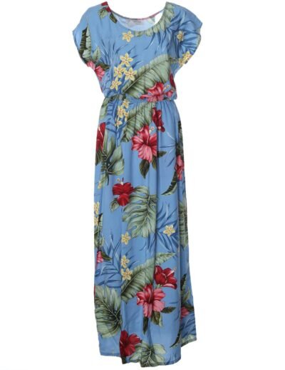 Hibiscus Cap Sleeves Full Length Dress Light Sky Blue