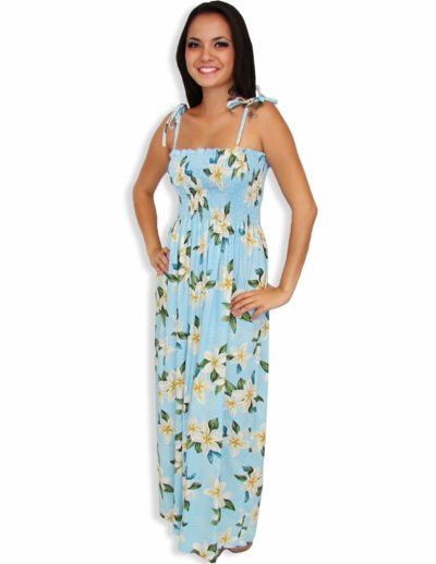 Plumeria Smocked Tube Top Long Hawaiian Dress Sky Blue