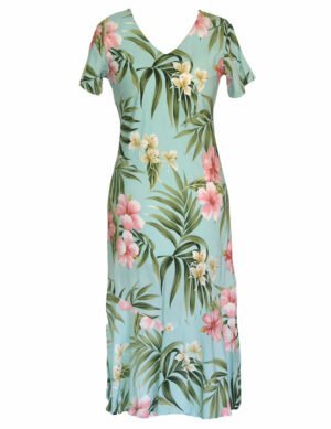 Iluna Long Maxi V-Neck Rayon Hawaiian Dress Aqua