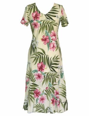 Iluna Long Maxi V-Neck Rayon Hawaiian Dress Beige