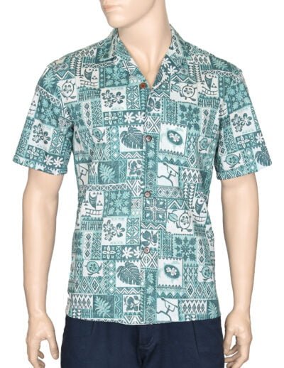 Islander Tapa Poly Cotton Men's Aloha Shirt Green