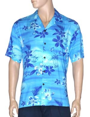 Resort Moonlight Scenic Rayon Aloha Shirt Blue