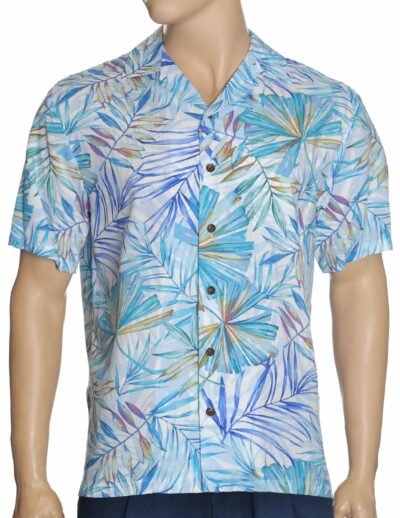 Rayon Hawaiian Aloha Watercolors Palms Shirt Light Blue