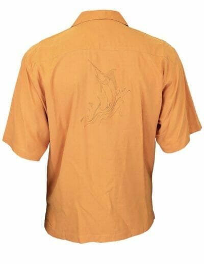 Embroidered Swordfish Orange Aloha Silk Shirt`