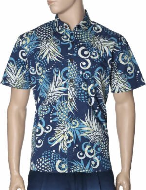 Slim Fit Hawaiian Shirt Fantasy Pineapples Sky Navy
