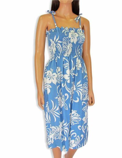Tie On Shoulder Short Smock Hawaiian Dress Blue