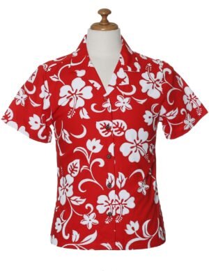 Women Camp Hawaiian Shirt Hibiscus Kaneohe Red