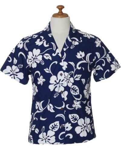 Women Camp Hawaiian Shirt Hibiscus Kaneohe Royal Navy