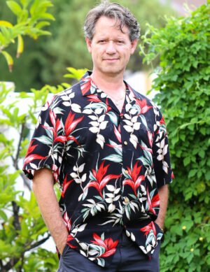 Rayon Heliconia Hawaiian Shirt Black