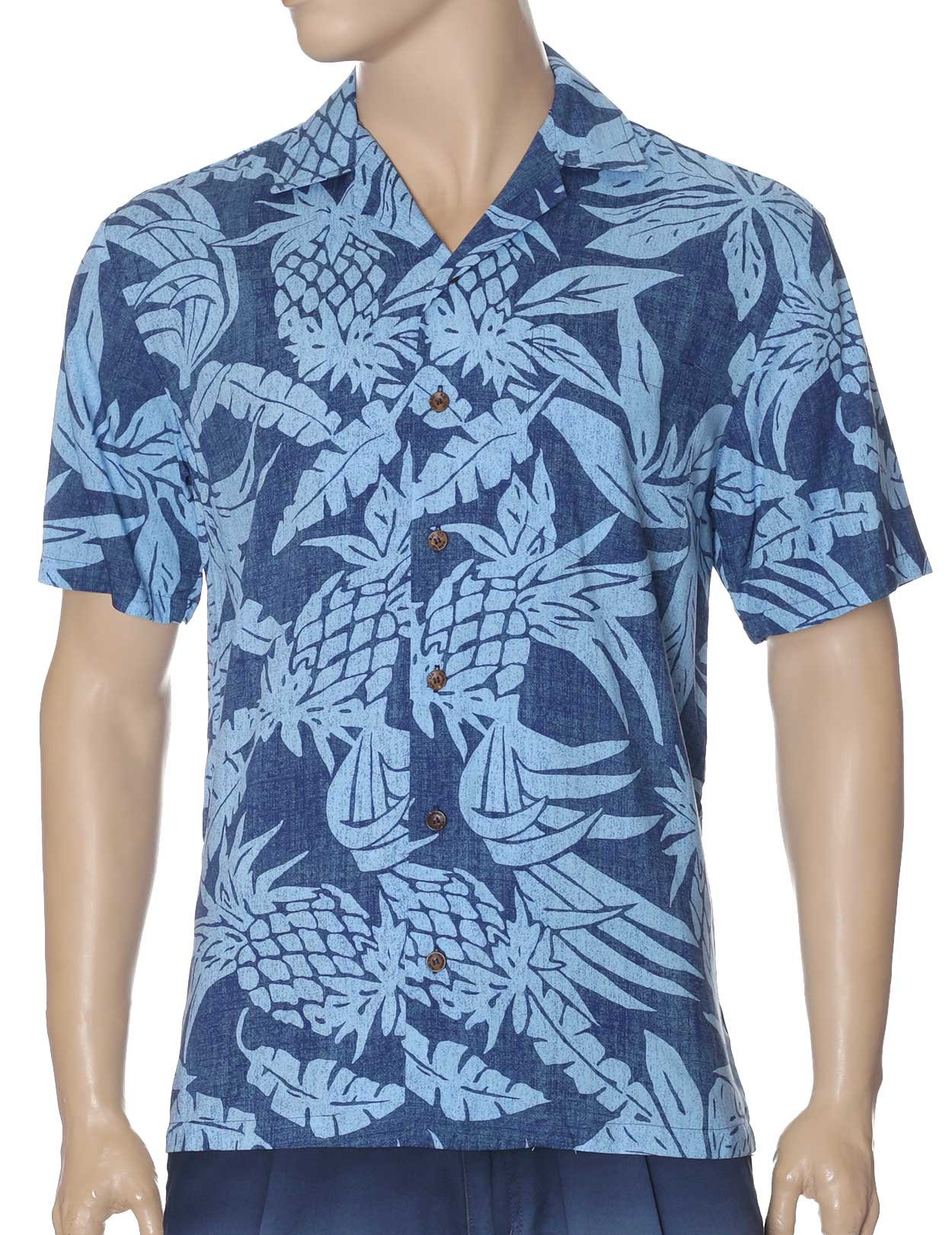Lanai Pineapple Rayon Aloha Shirt Blue