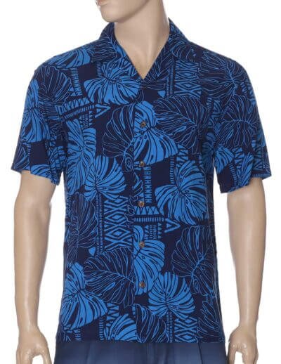 Monstera Tribal Resort Aloha Shirt Blue