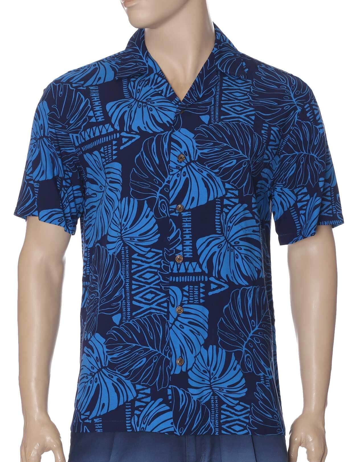 Monstera Tribal Resort Aloha Shirt Blue