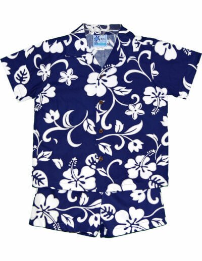 Hibiscus Aloha Shirt and Shorts Boy Set Royal Navy
