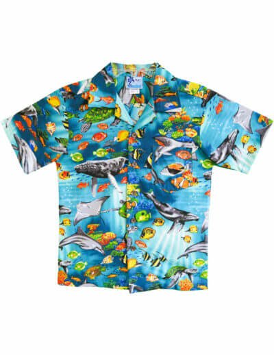 Hawaii Sea life Kids Aloha Shirts Aqua