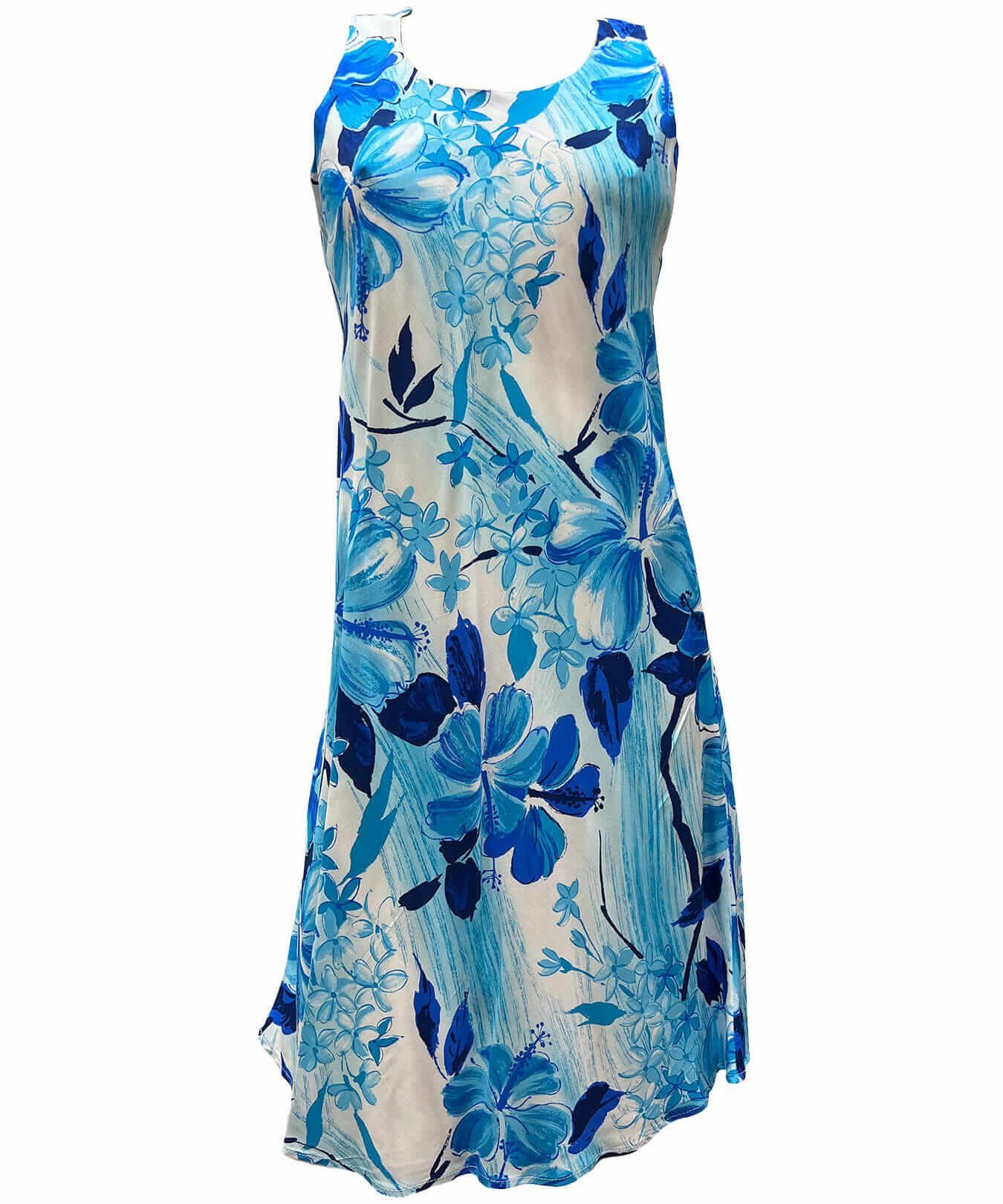 Hibiscus Watercolor Sleeveless Midi Dress Blue